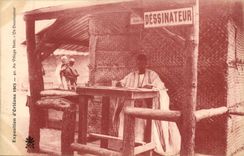 CPA Exposition d'Orleans 1905 Au village noir un dessnateur TOP (Afrique Africa petits metiers)