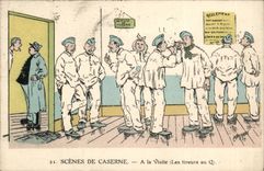 Fantasy CPA Militaria Scenes of barracks To the visit (gunners with Q) Infirmary Illustrator Humor