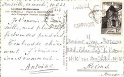 MODERN CARD Boat Transatlantic Steamer Co Gla Marseilles Departure of the Town of Tunis