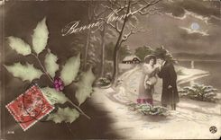 Fantasy - Happy New Year - Couple - branch off holly - CPA