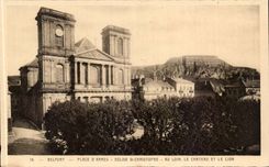 Belfort CPA Places of weapons Eglise St Christophe At far the cahteau and the lion