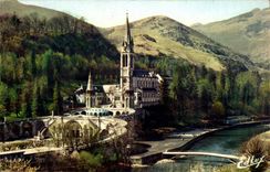 Lourdes CPA the basilica Gave and the new bridge inaugurates on March 25th 1966