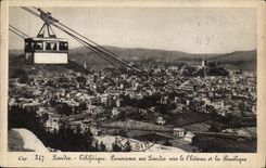 Lourdes CPA Teleferic Panorama on doors towards the castle and the basilica