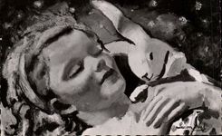 Fantasy - Children with rabbit - child snugging with rabbit - CPA