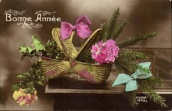 imagination - Festival 'Good Anne - Basket - Tennis shoe filled to the brim with holly flowers and fucks branches - CPA