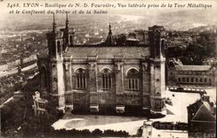 Lyon -Basilique Notre Dame Fourviere Vue Laterale prise de la Tour Metalique et le Confluent du Rhone CPA 