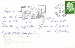 Lourdes - the Basilica iluminee during the procession with torches CPA