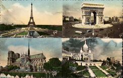 Paris CPM La Tour Eiffel l'arc de triomphe de l'etoile La cathedrale Notre DAme basiliue du Sacre Coeur Montmartre