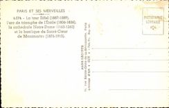 Paris CPM La Tour Eiffel l'arc de triomphe de l'etoile La cathedrale Notre DAme basiliue du Sacre Coeur Montmartre