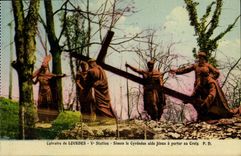 Martyrdom of Lourdes CPA 5th Simon station Cyreneen helps Jesus has to carry his cross