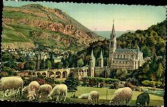 Lourdes MODERN CARD the basilica and the peak of Jer (sheep)