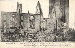 Belgium Ramscapelle CPA the church and the cemetery profanee by German