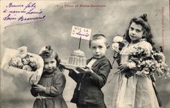 Fantasy - Child - Festivals and Gate Happiness - cake - adorable children with birthday wishes - CPA