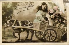 Fantasy - Children - ass - donkey driven cart with adorable little girl - CPA
