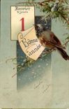 Fantasy - New year Happy New Year - January 1 bird - bird with calender CPA