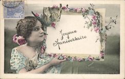 CPA Happy Fantasy birthday Flowers Woman Bird