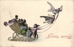 CPA Fantasy Happy New Year Flowers Bird Sledge