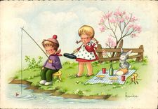 CPA Illustrateur Frankie Enfants PEche Lapin