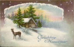 CPA Fantasy Gelukkig Nieuwjaar (stag hind)