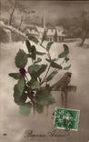 Fantasy - Festival - houx - holly - bird - Happy New Year - CPA