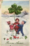 Fantasy - children - Happy New Year - four-leaf clover - furnace leaf clover - CPA