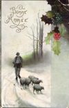 Happy New Year - houx - holly - sheep - fold - tucks post card - CPA