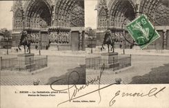 Reims CPA the cathedral Large gate Statue of Jeanne of arc