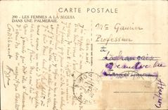 Szenen- und Standardfrauen Algerien-CPA mit dem Bewasserungkanal in einer Palmenplantage