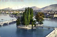 Switzerland - Schweiz - Geneva - Island Rousseau and Mont Blanc - CPA