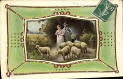 Fantaisie - Couple - avec moton - relief dore - CPA 
