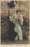 Fantaisie - Couple - Se fiancer sous le gui c'est bonheur en menage - CPA 