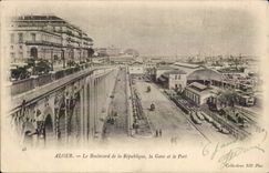 Algeria Algiers CPA the boulevard of the Republic Train station and the port