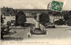 TRoyes CPA Train station and the monument of the children of the Paddle
