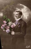 Fantasy - Man with pretty bouquet - Good Birthday - CPA