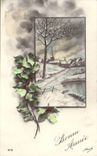 Fantaisie -Bonne Annee - vilage sous neige - holly - Hortense Delort - CPA 