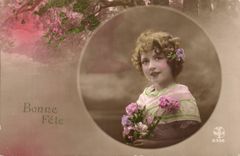 Fantasy - Child - Pretty Girl with flowers - darling girl with curly to hate - - CPA