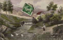 Fantasy - Children - Child with stick - duck - CPA