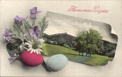 Phantasie - Festival - gluckliches Pacques - ouefs und Blumen - CPA