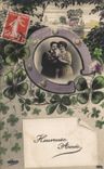 Couple - Fete - Heureuse Annee - Trefle a quatre feuilles - four leaf clover - lucky charm - CPA 