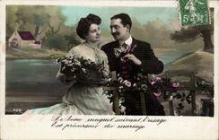 Fantaisie - Couple - Le Beau muguet suivant l'usage est precurseur de mariage - CPA 