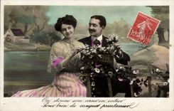 Fantaisie - Couple - On donne son coeur entier Pour bien de muguet printanier - CPA 
