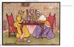 CPA old Engravings Five O clock (folklore cat cat)