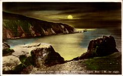 The United Kingdom Great Britain CPA Coloured cliffs and needles lighthouse Alum Bay Isle off Wight by night