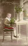 Phantasie - gluckliches Jahr - kleiner Junge mit Blumen - CPA