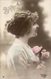 Fantaisie - Fete - Bonne Annee - Femme avec les roses - Woman in profile with swirling hairdo - CPA 