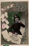 Fantaisie -La factrice - Bonne et Heureuse Annee - boite a lettre - smiling letter carrier la poste - CPA 