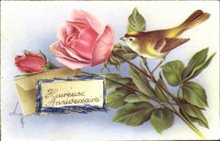 Fantasy - Happy Birthday - Small Bird - pink - little bird - CPA