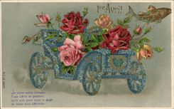 CPA Fantaise Automobilfass Oeufs Ostern Poisson