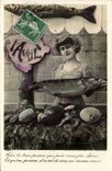 CPA Fantaise Woman Easter Easter April 1st fish