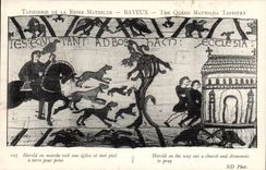Tapestry of the queen Mathilde Bayeux CPA Harold in market sees a church